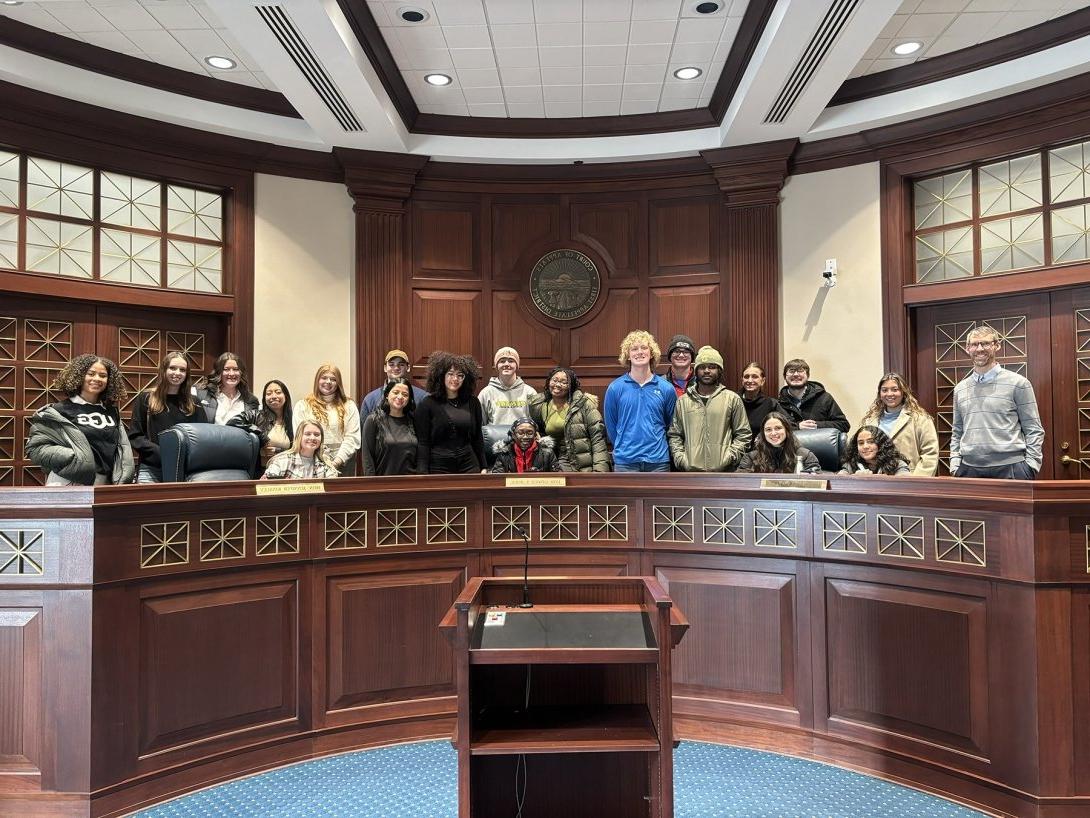 Lively Professor Pierre Bergeron '96 (far left) brought students to a courtroom in Ohio during CentreTerm 2024.